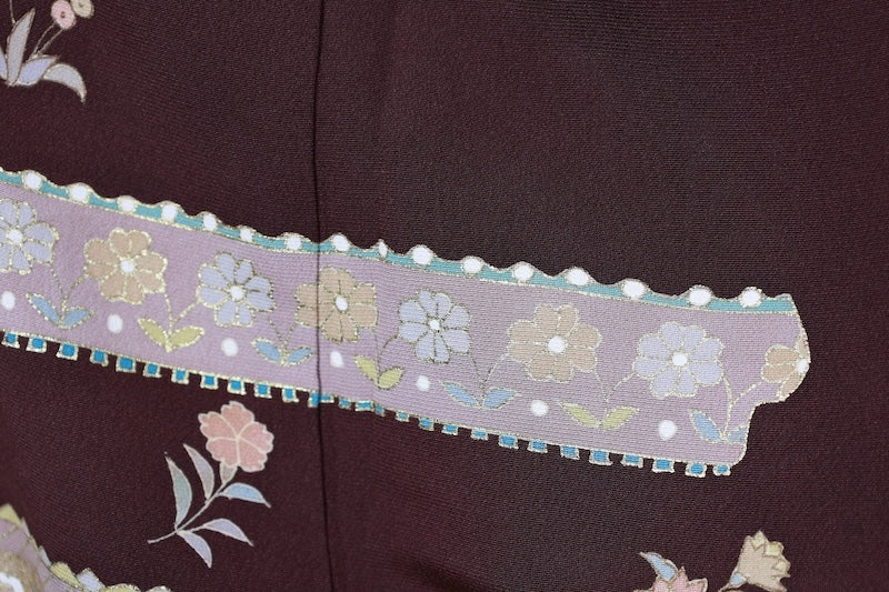 Japan used kimono, brown, gold, green, blue, gray, floral pattern, hand-painted floral design, R76