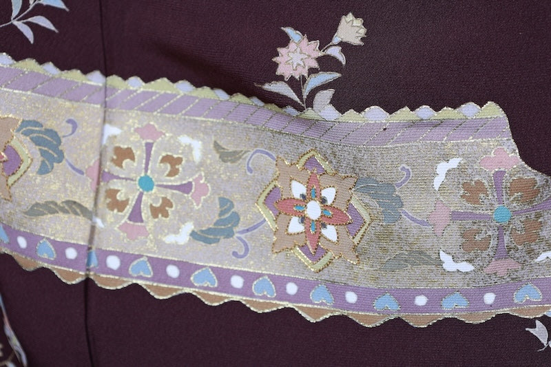 Japan used kimono, brown, gold, green, blue, gray, floral pattern, hand-painted floral design, R76
