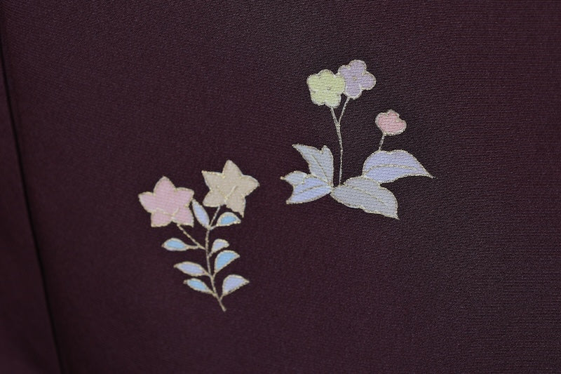 Japan used kimono, brown, gold, green, blue, gray, floral pattern, hand-painted floral design, R76