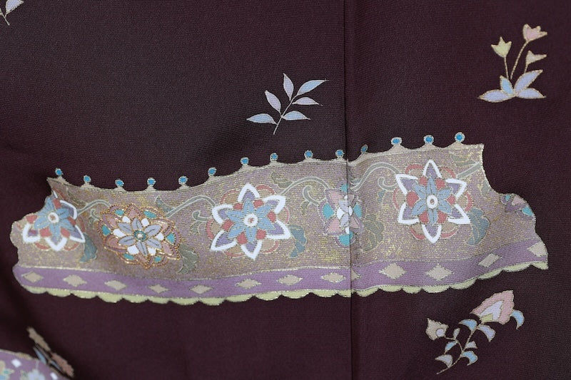 Japan used kimono, brown, gold, green, blue, gray, floral pattern, hand-painted floral design, R76