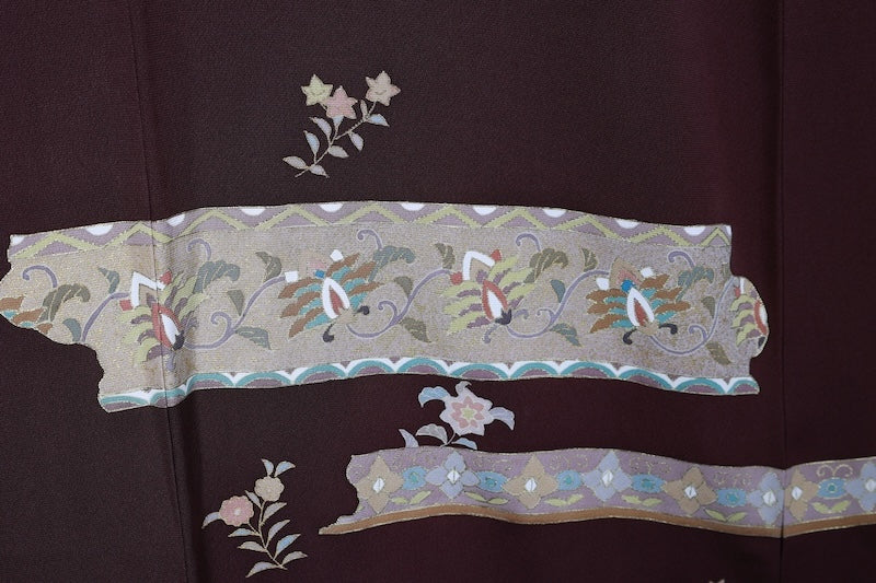 Japan used kimono, brown, gold, green, blue, gray, floral pattern, hand-painted floral design, R76