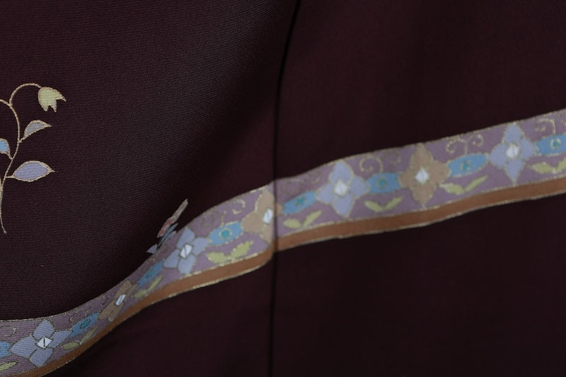 Japan used kimono, brown, gold, green, blue, gray, floral pattern, hand-painted floral design, R76