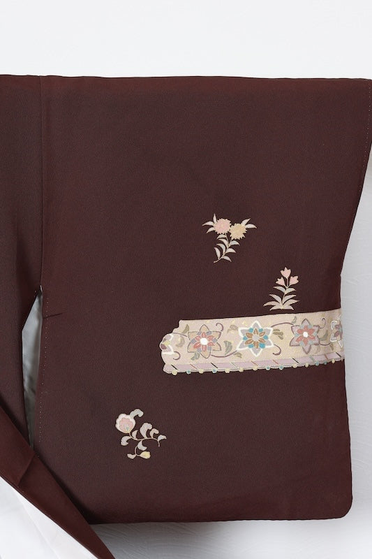 Japan used kimono, brown, gold, green, blue, gray, floral pattern, hand-painted floral design, R76
