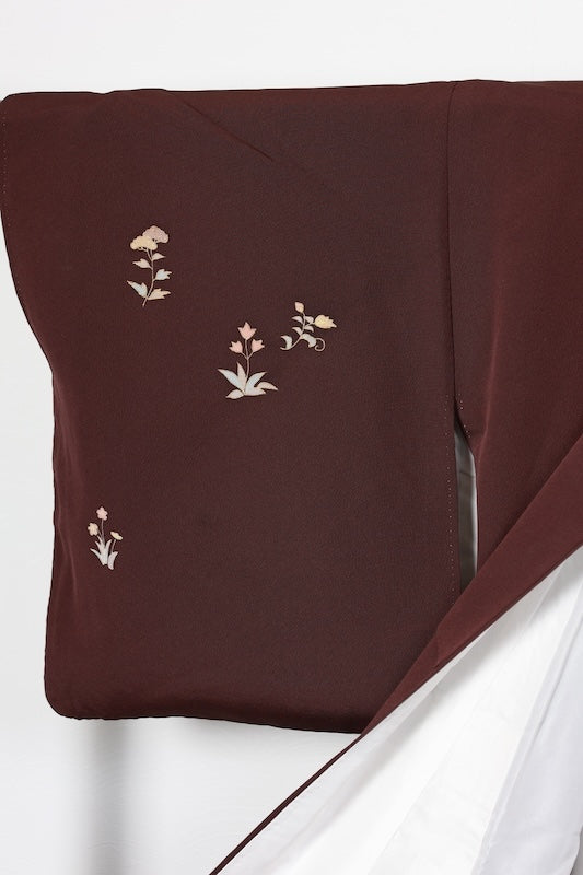 Japan used kimono, brown, gold, green, blue, gray, floral pattern, hand-painted floral design, R76