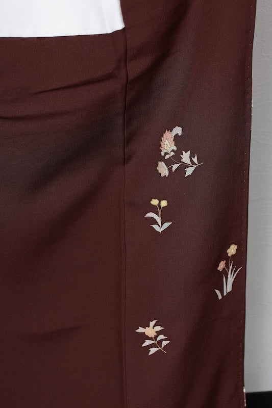 Japan used kimono, brown, gold, green, blue, gray, floral pattern, hand-painted floral design, R76