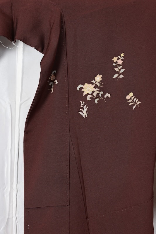 Japan used kimono, brown, gold, green, blue, gray, floral pattern, hand-painted floral design, R76