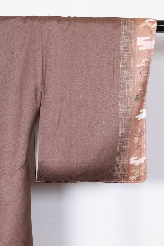 Japan kimono, brand new, unused. Features shades of brown, gold, green, purple, and white. Design includes pine trees, mist, flowers, and dewdrop grass. Hand-painted Kyoto Yuzen dyeing. (R70)