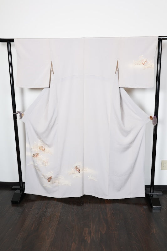 New, unused formal kimono (Houmongi), Kyoto Yuzen dyeing, gray, gold, purple, gray, coral red, pine, flowers, Genji incense pattern. R94