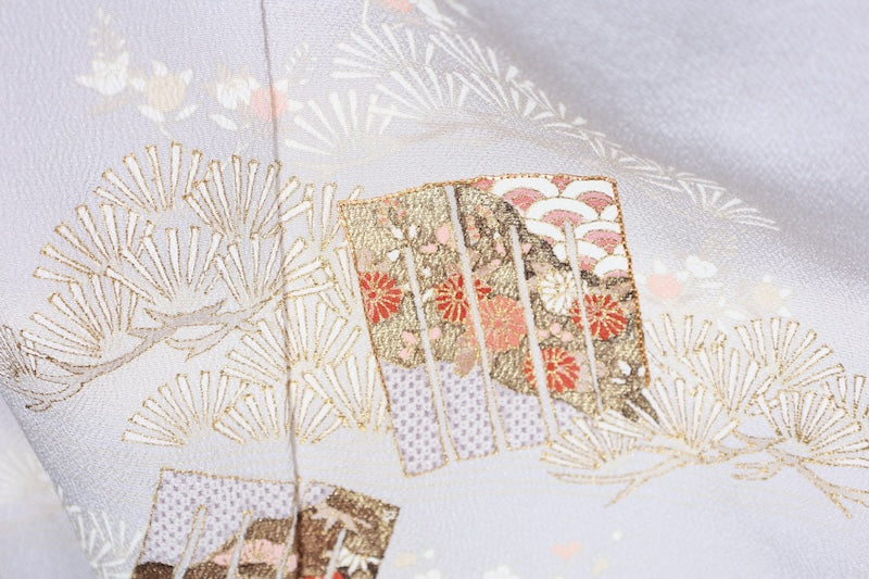 New, unused formal kimono (Houmongi), Kyoto Yuzen dyeing, gray, gold, purple, gray, coral red, pine, flowers, Genji incense pattern. R94