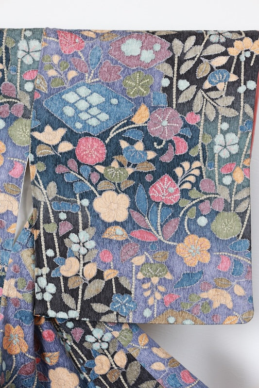 Japan used kimono fabric; blue, purple, ink, brown, green, gold, coral; Tsujigahana dyeing; dyed woven fabric; raised weave; R84