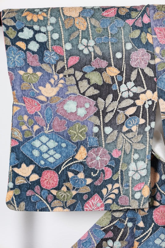 Japan used kimono fabric; blue, purple, ink, brown, green, gold, coral; Tsujigahana dyeing; dyed woven fabric; raised weave; R84