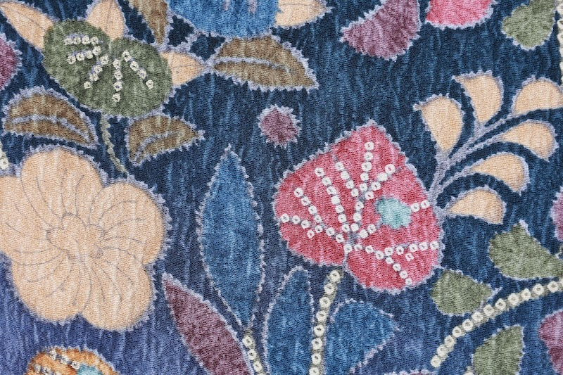 Japan used kimono fabric; blue, purple, ink, brown, green, gold, coral; Tsujigahana dyeing; dyed woven fabric; raised weave; R84