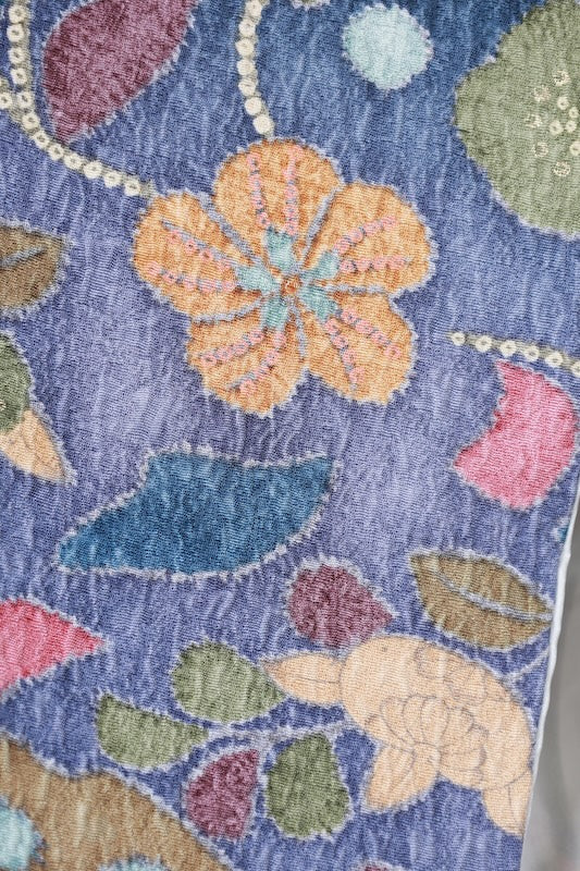 Japan used kimono fabric; blue, purple, ink, brown, green, gold, coral; Tsujigahana dyeing; dyed woven fabric; raised weave; R84