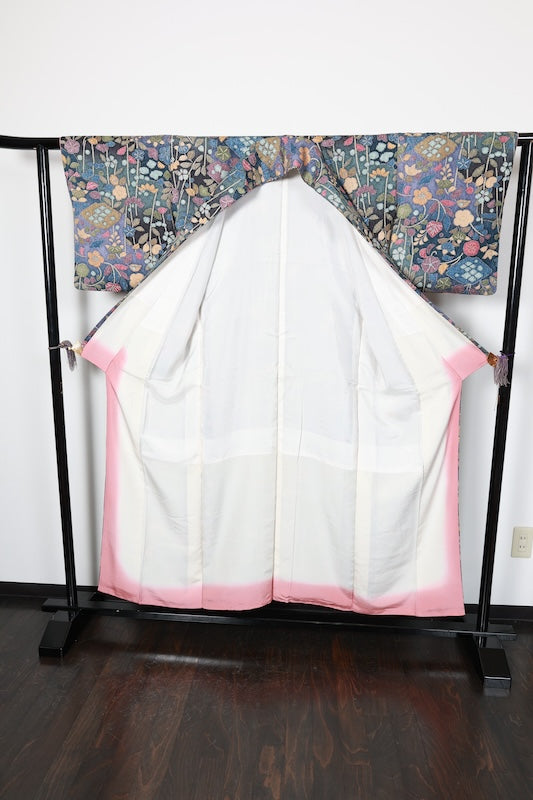 Japan used kimono fabric; blue, purple, ink, brown, green, gold, coral; Tsujigahana dyeing; dyed woven fabric; raised weave; R84
