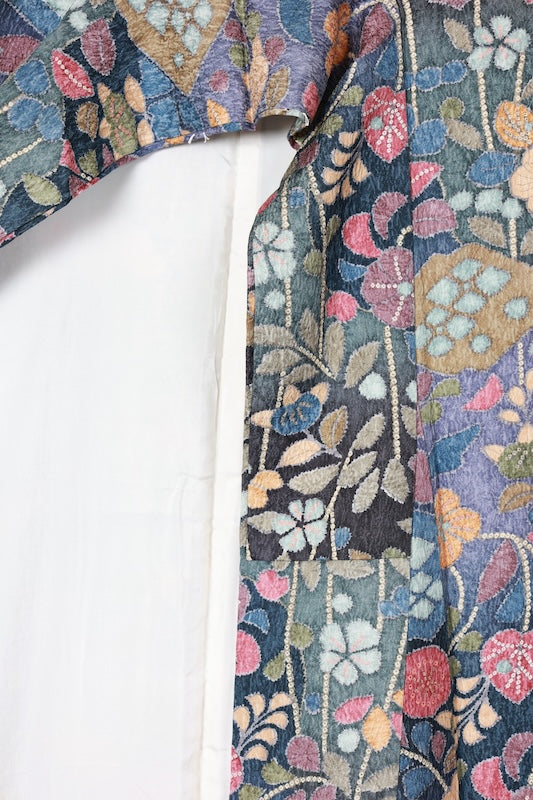 Japan used kimono fabric; blue, purple, ink, brown, green, gold, coral; Tsujigahana dyeing; dyed woven fabric; raised weave; R84