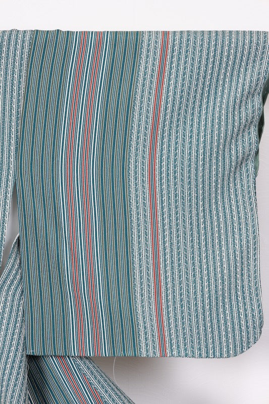 Komono ( kimono), brand new and unused, in green, blue, brown, and white, with a unique striped pattern (R82)