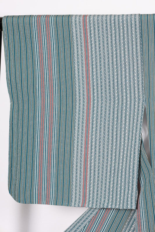 Komono ( kimono), brand new and unused, in green, blue, brown, and white, with a unique striped pattern (R82)