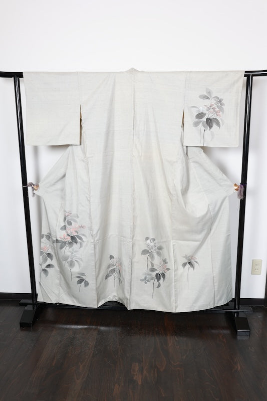 Hakusan Tsumugi used Kimono, Gray, Ink, Brown, Floral, Hand-painted, R89