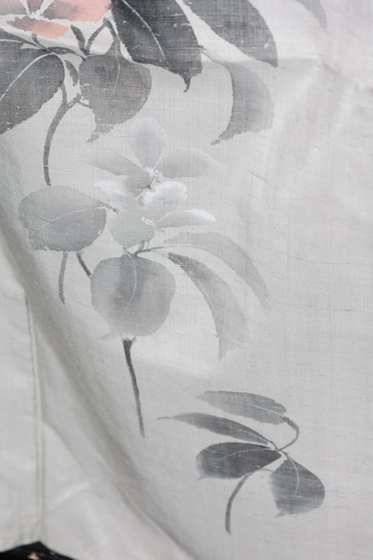 Hakusan Tsumugi used Kimono, Gray, Ink, Brown, Floral, Hand-painted, R89