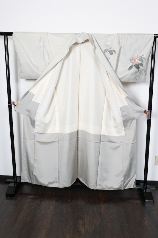 Hakusan Tsumugi used Kimono, Gray, Ink, Brown, Floral, Hand-painted, R89