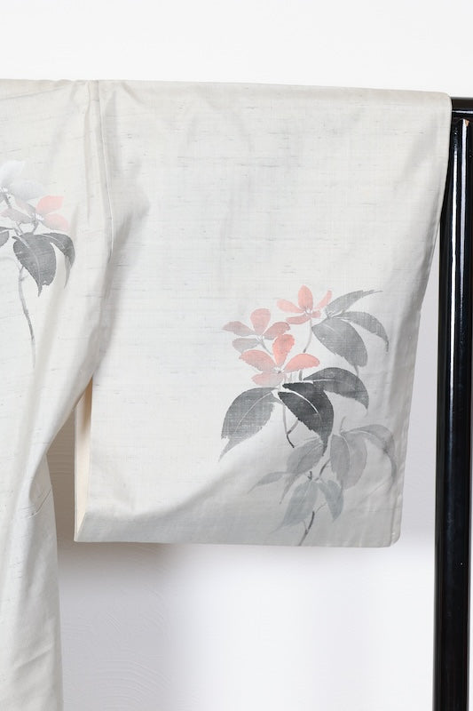 Hakusan Tsumugi used Kimono, Gray, Ink, Brown, Floral, Hand-painted, R89