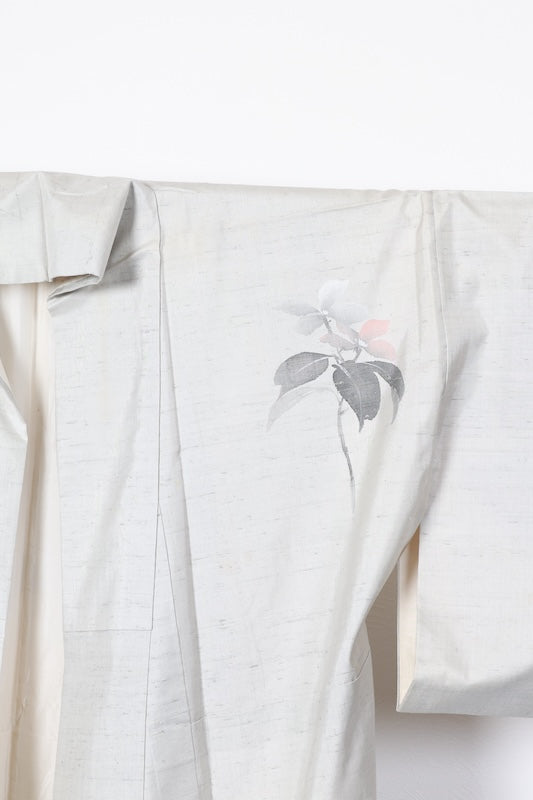 Hakusan Tsumugi used Kimono, Gray, Ink, Brown, Floral, Hand-painted, R89