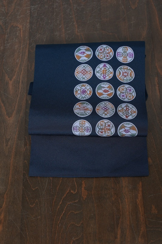 Nagoya obi (used sash) - Indigo, mustard, purple, floral and geometric pattern - crepe silk - R103