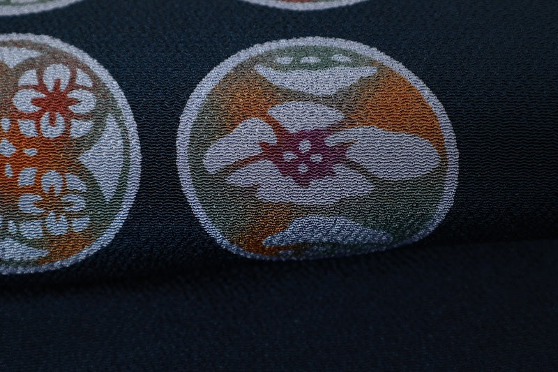 Nagoya obi (used sash) - Indigo, mustard, purple, floral and geometric pattern - crepe silk - R103