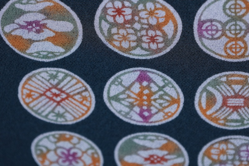 Nagoya obi (used sash) - Indigo, mustard, purple, floral and geometric pattern - crepe silk - R103