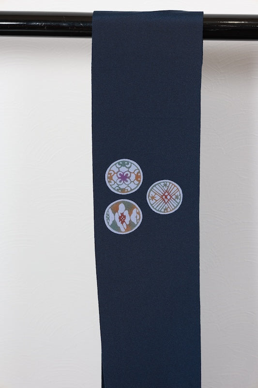 Nagoya obi (used sash) - Indigo, mustard, purple, floral and geometric pattern - crepe silk - R103
