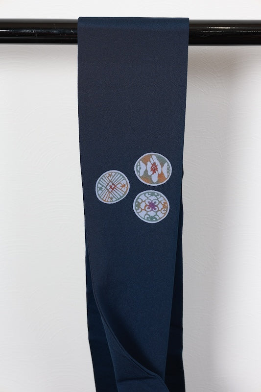 Nagoya obi (used sash) - Indigo, mustard, purple, floral and geometric pattern - crepe silk - R103