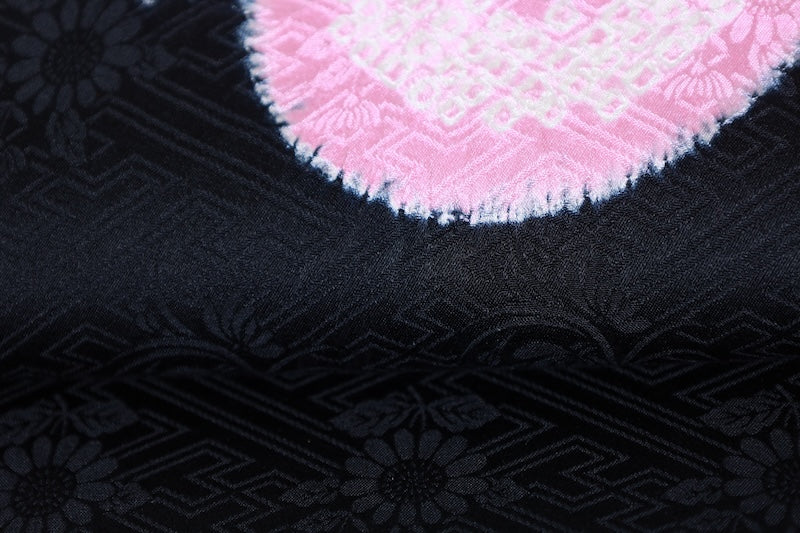 Nagoya obi (used sash), Arimatsu Shibori (tie-dyeing), black with cherry blossom pink accents, Hat Shibori (tie-dyeing), Hikida Shibori (tie-dyeing), Sayagata floral pattern throughout, R104