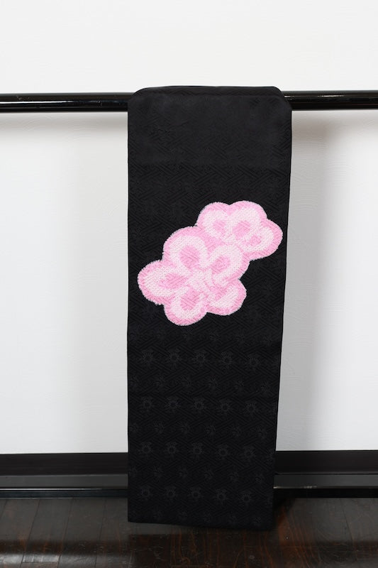 Nagoya obi (used sash), Arimatsu Shibori (tie-dyeing), black with cherry blossom pink accents, Hat Shibori (tie-dyeing), Hikida Shibori (tie-dyeing), Sayagata floral pattern throughout, R104
