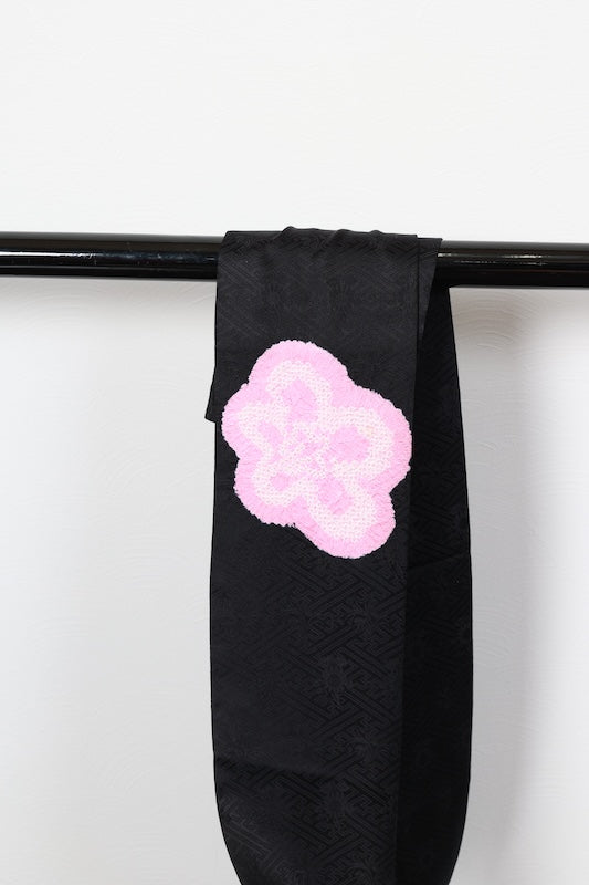 Nagoya obi (used sash), Arimatsu Shibori (tie-dyeing), black with cherry blossom pink accents, Hat Shibori (tie-dyeing), Hikida Shibori (tie-dyeing), Sayagata floral pattern throughout, R104