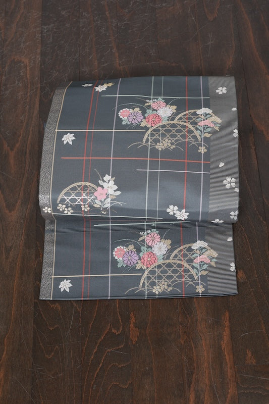 Nagoya obi (used sash) - Gray, gold, purple, coral red, white, floral pattern, checkered pattern - R105