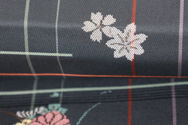 Nagoya obi (used sash) - Gray, gold, purple, coral red, white, floral pattern, checkered pattern - R105