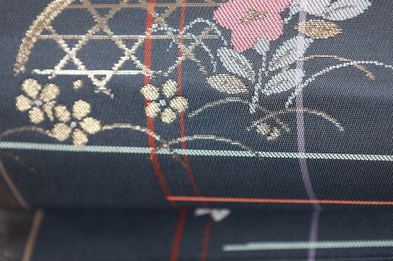 Nagoya obi (used sash) - Gray, gold, purple, coral red, white, floral pattern, checkered pattern - R105