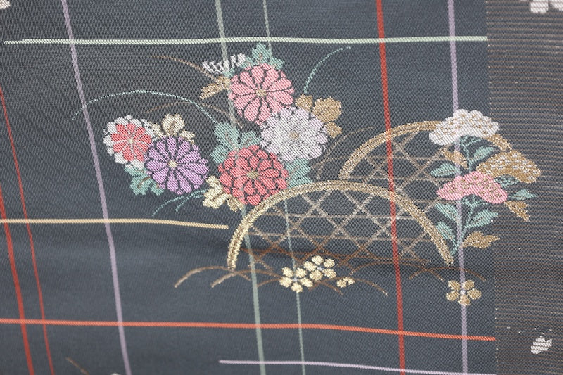 Nagoya obi (used sash) - Gray, gold, purple, coral red, white, floral pattern, checkered pattern - R105