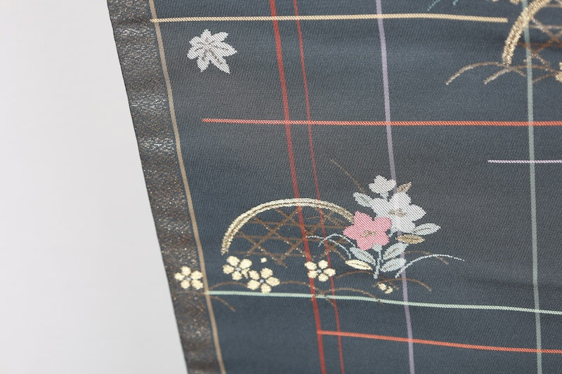 Nagoya obi (used sash) - Gray, gold, purple, coral red, white, floral pattern, checkered pattern - R105