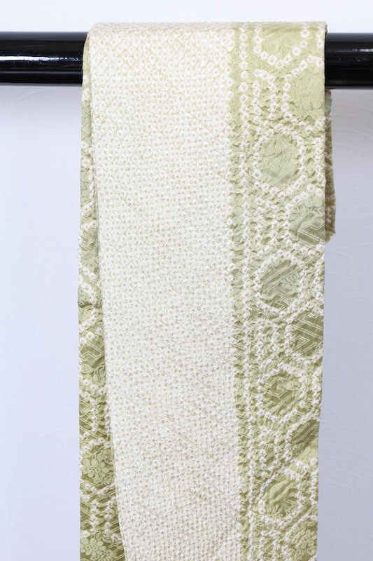 Nagoya obi (used sash), Arimatsu, Hikida Shibori (tie-dyeing), light green, white, geometric pattern, continuous Sayagata floral pattern, R106