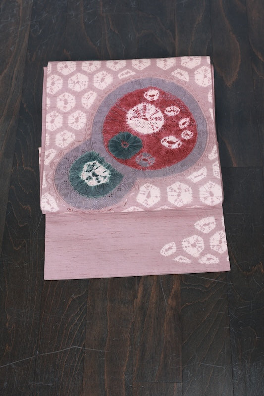 Nagoya obi (used sash), Tsumugi silk, light brown, wine, green, Shantou embroidery, Shibori (tie-dye) pattern, R102