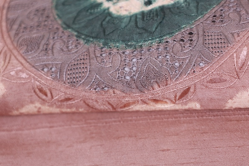 Nagoya obi (used sash), Tsumugi silk, light brown, wine, green, Shantou embroidery, Shibori (tie-dye) pattern, R102