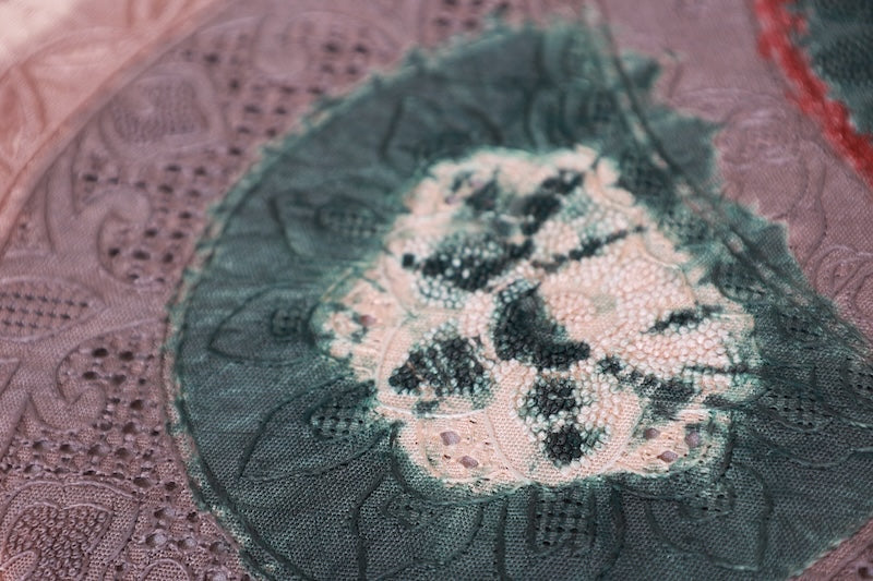 Nagoya obi (used sash), Tsumugi silk, light brown, wine, green, Shantou embroidery, Shibori (tie-dye) pattern, R102