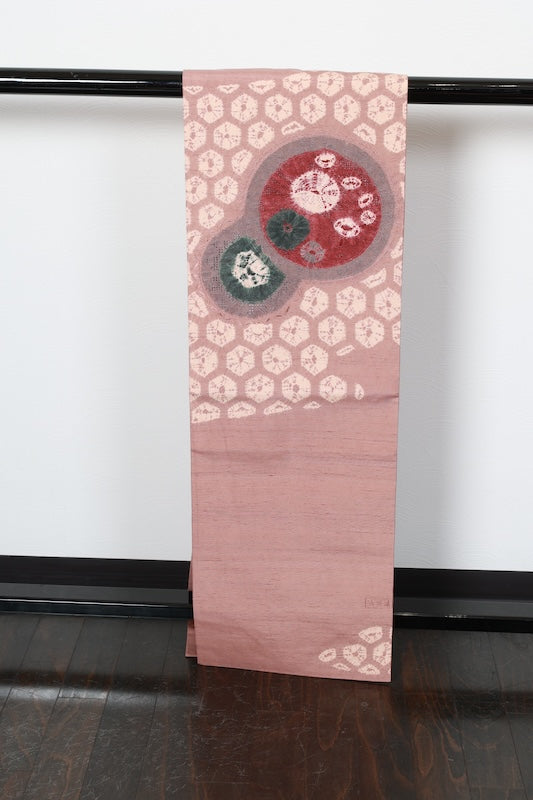 Nagoya obi (used sash), Tsumugi silk, light brown, wine, green, Shantou embroidery, Shibori (tie-dye) pattern, R102