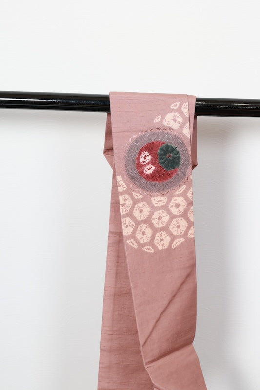 Nagoya obi (used sash), Tsumugi silk, light brown, wine, green, Shantou embroidery, Shibori (tie-dye) pattern, R102