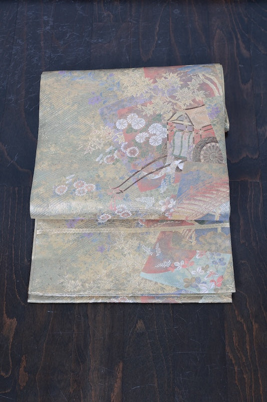 Fukuro obi (formal sash) - Gold, Purple, Coral, Green, Brown - Taikobashi Bridge, Imperial Carriage, Flowers, Waves - R101