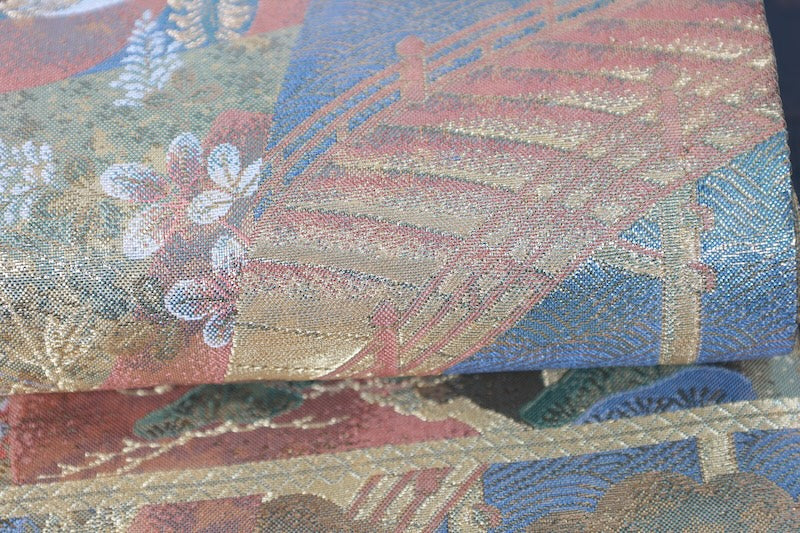 Fukuro obi (formal sash) - Gold, Purple, Coral, Green, Brown - Taikobashi Bridge, Imperial Carriage, Flowers, Waves - R101