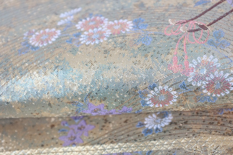Fukuro obi (formal sash) - Gold, Purple, Coral, Green, Brown - Taikobashi Bridge, Imperial Carriage, Flowers, Waves - R101