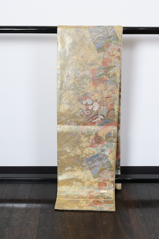 Fukuro obi (formal sash) - Gold, Purple, Coral, Green, Brown - Taikobashi Bridge, Imperial Carriage, Flowers, Waves - R101