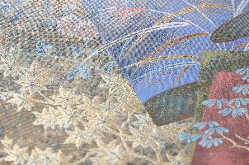 Fukuro obi (formal sash) - Gold, Purple, Coral, Green, Brown - Taikobashi Bridge, Imperial Carriage, Flowers, Waves - R101
